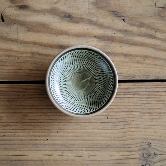 小鹿田焼　黒木昌伸窯　伏合わせ3.5寸角切立皿　 (緑・飛び鉋）