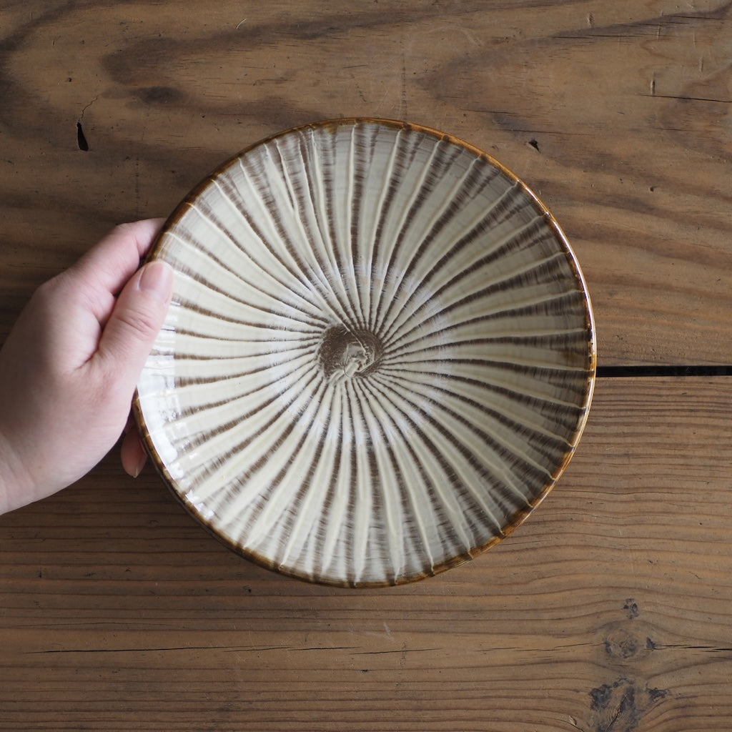 小鹿田焼　黒木昌伸窯　６寸皿　刷毛目　白