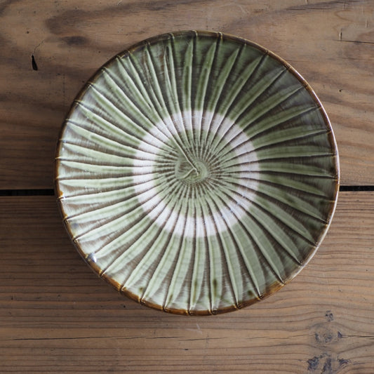 小鹿田焼　黒木昌伸窯　７寸皿　刷毛目　緑